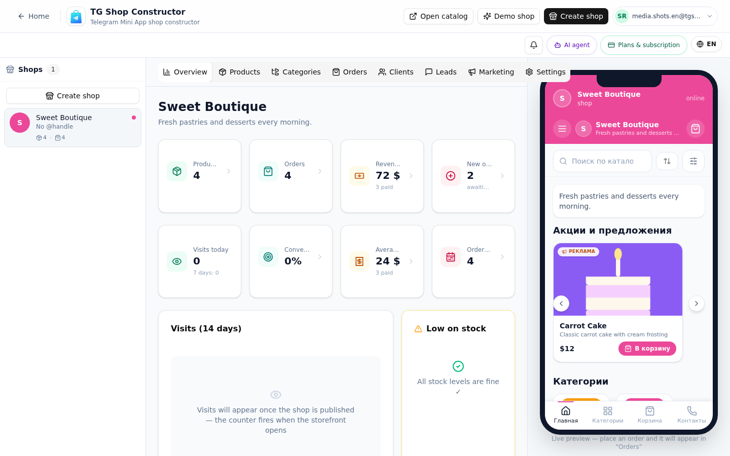 Shop overview — TG Shop Constructor panel screenshot