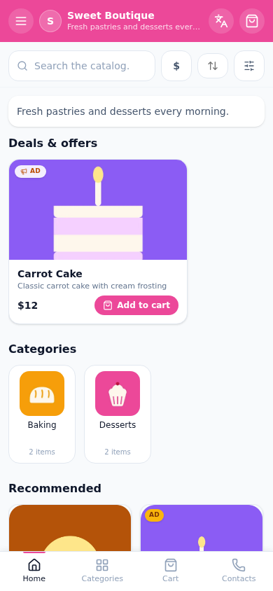 Storefront on a phone — TG Shop Constructor panel screenshot