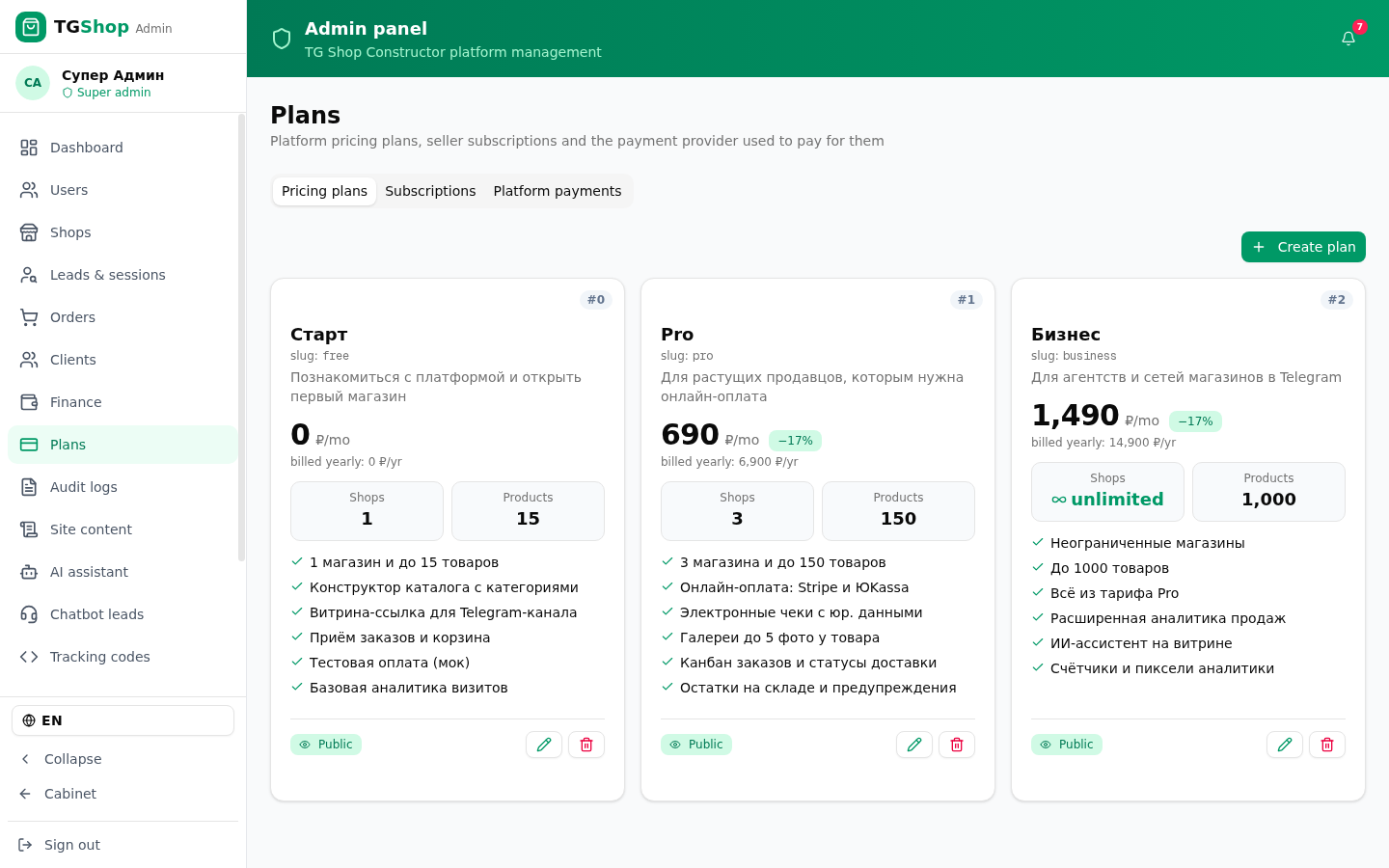 Platform plans — TG Shop Constructor panel screenshot