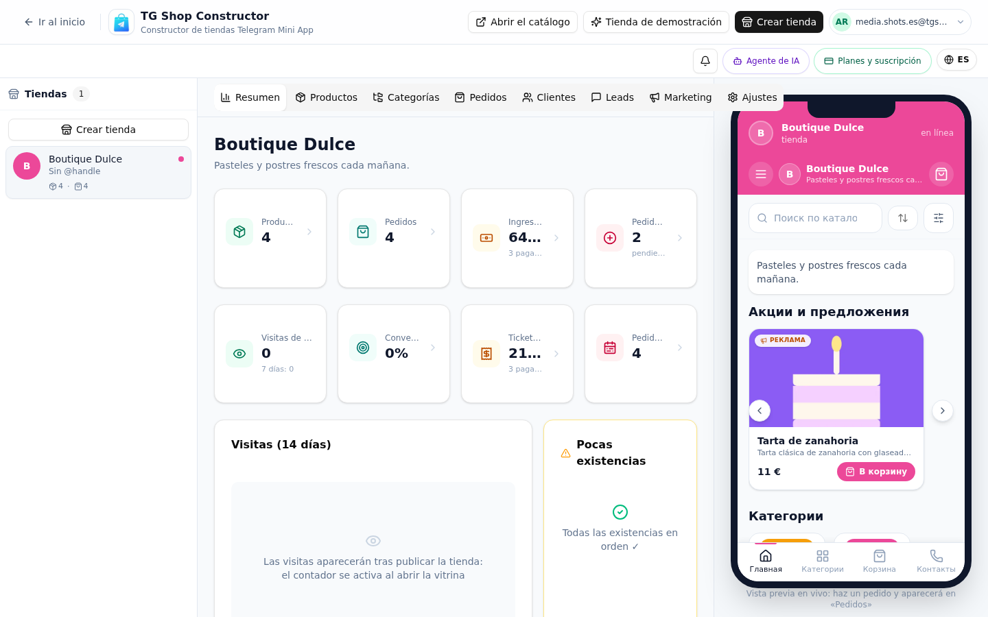 Resumen de la tienda — captura del panel de TG Shop Constructor