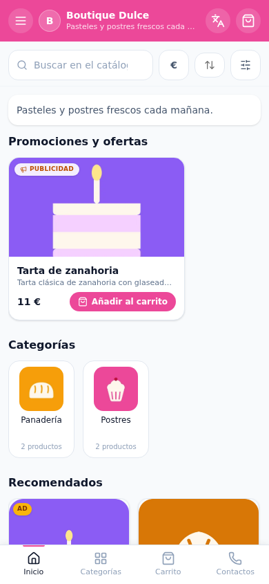 La vitrina en el teléfono — captura del panel de TG Shop Constructor